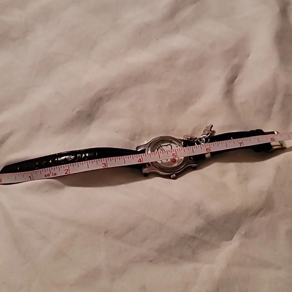 NWOT Sanrio Hello Kitty Womens Charm Quartz Watch Black Leather Band Silver Case